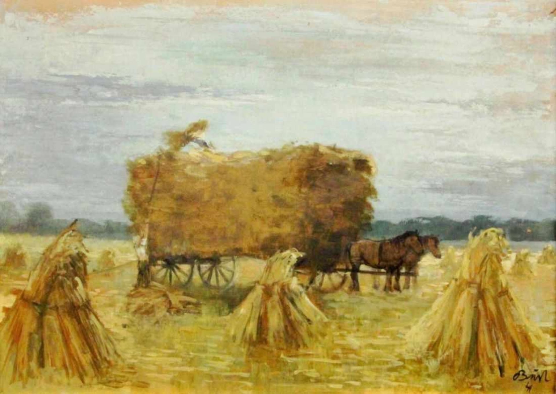 BRUN (?) 1941 Farmers at hay making. Oil on panel, indistinctly signed and dated: (19)41.49 x 69