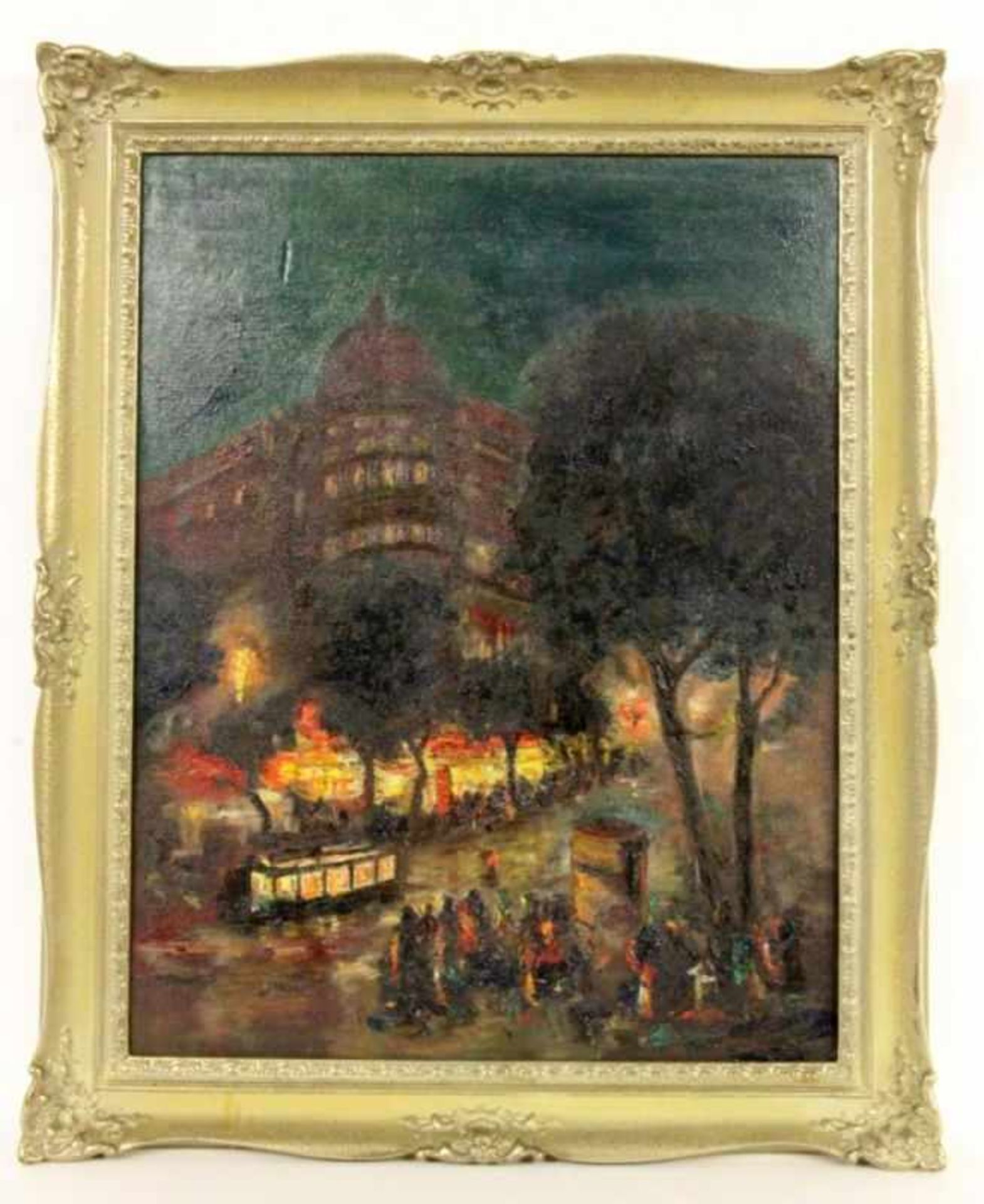 FRENCH PAINTER 20th century Parisian Boulevard at Night. Oil on cardboard, indistinctlysigned. 72