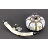 AN OPIUM PIPE AND INCENSE BURNER China. Painted bone pipe, porcelain incense burner withblue