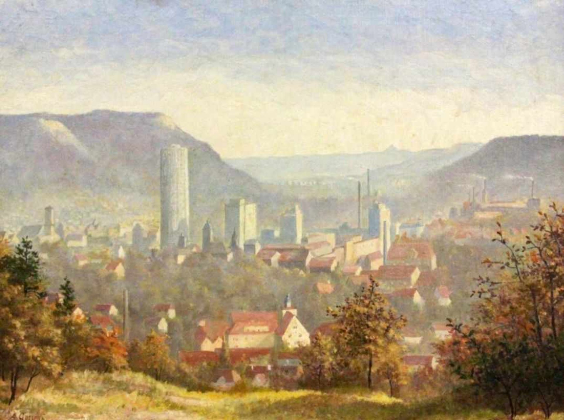 GOSSRAN, A. (?) 20th century City with Industrial Plant. Oil on panel, indistinctlysigned. 36 x 48