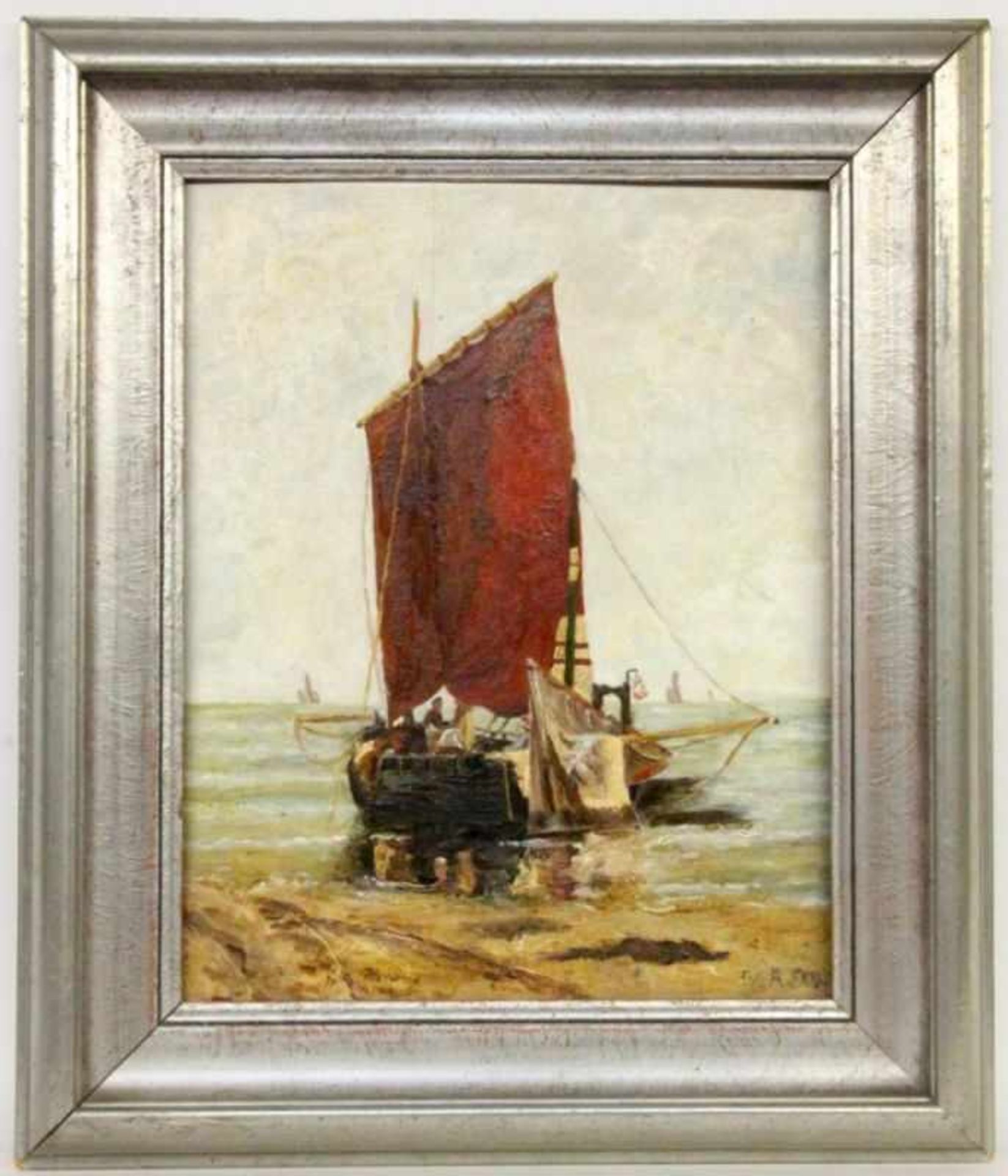 FEIL, ANNE 1946 Fishing Boat with Fishermen on the Beach. Oil on panel, signed. Inscribedand dated