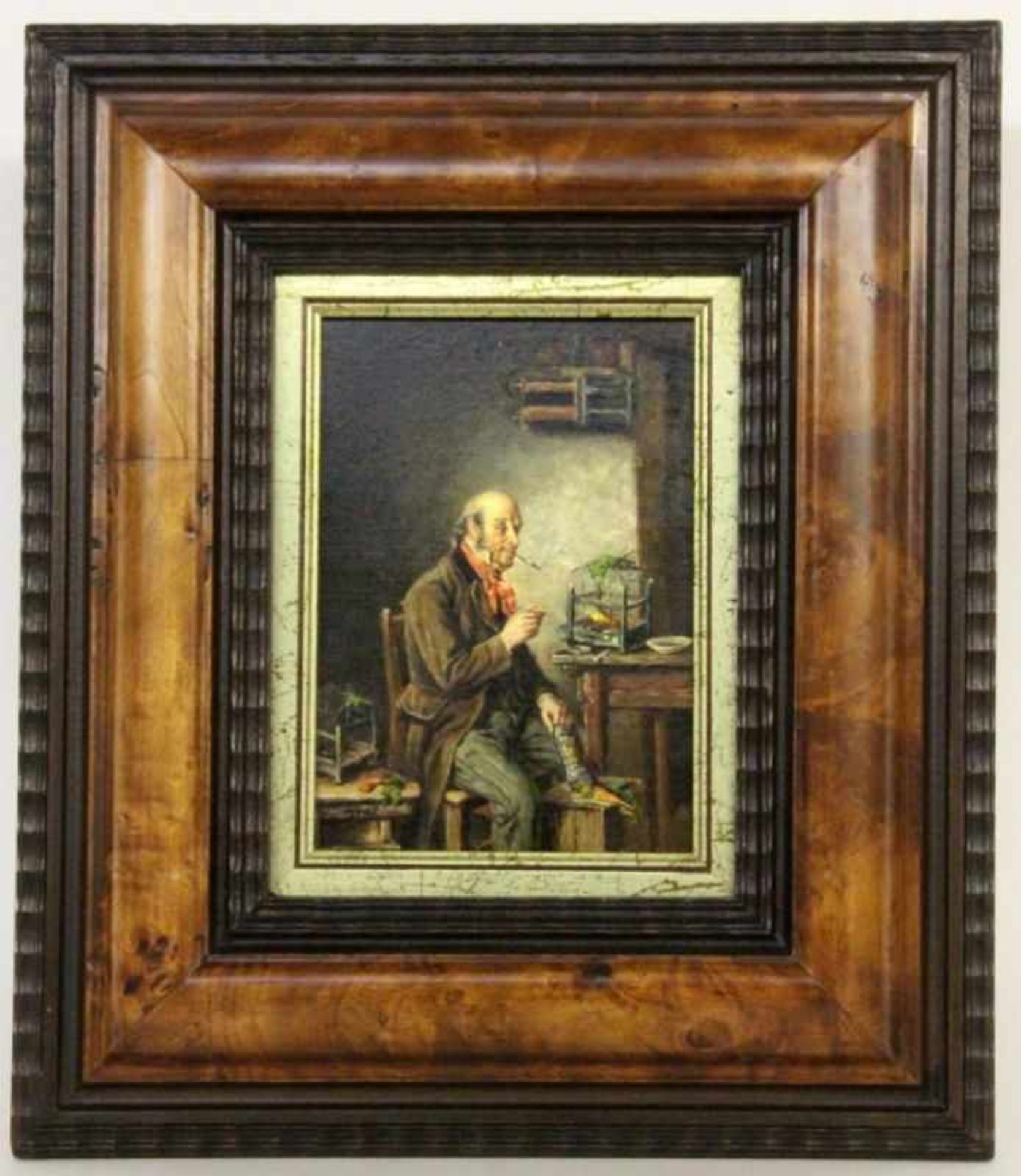 KRAL 20th century Man with Birdcage in the Parlour. Oil on panel, signed. 18 x 13 cm,framed.KRAL20.