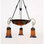 AN ART NOUVEAU HANGING LAMP Noverdy, France circa 1920 Glass bowl with 3 globes made oforange red