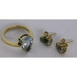 A LADIES RING AND A PAIR OF STUD EARRINGS 585/000 yellow gold with fine aquamarines. Ringsize 56,