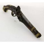 A FLINTLOCK PISTOL probably 18th century Wood with brass fittings and round iron barrel.Inscribed: