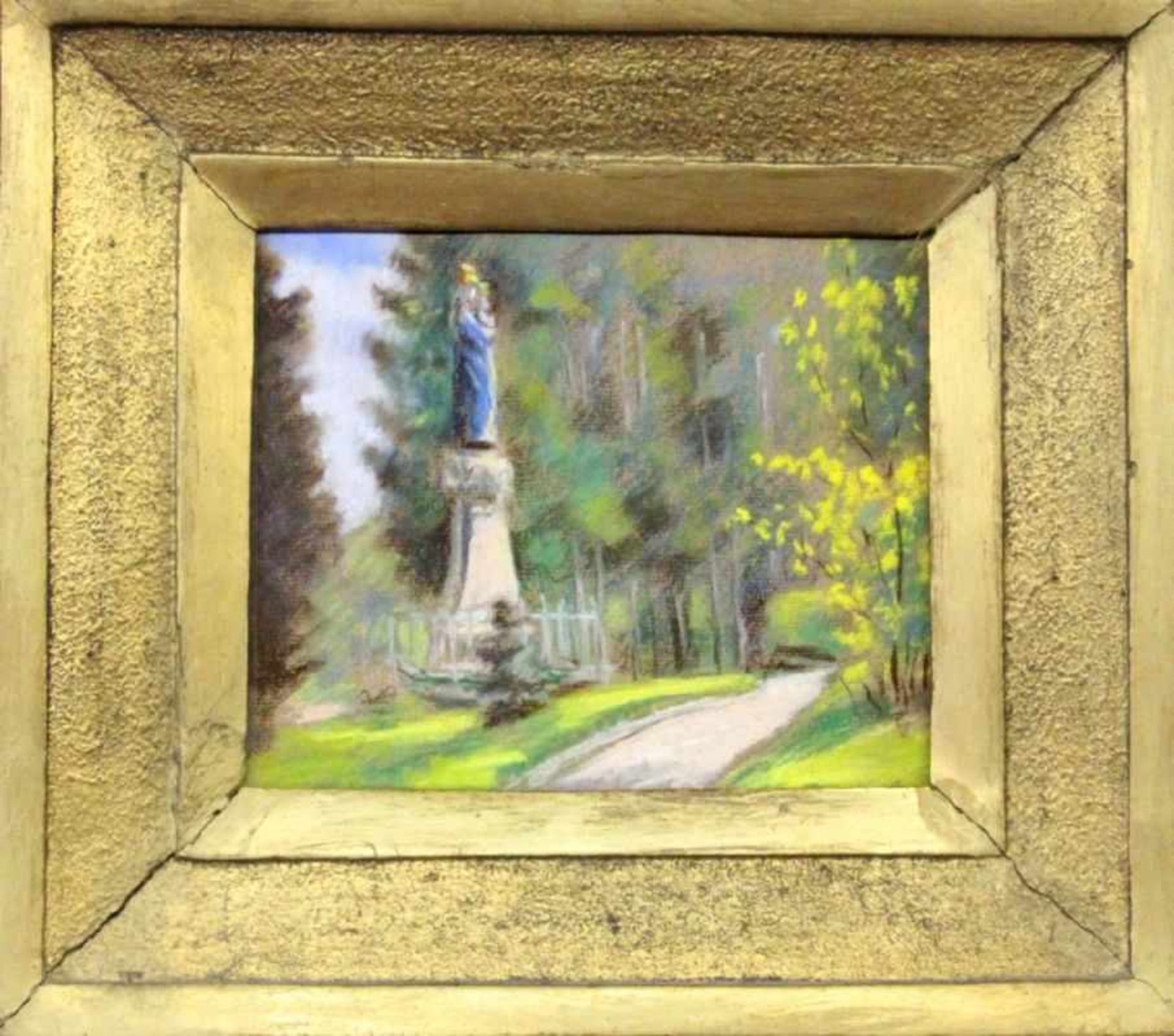 HODANYKAI 1933 Park landscape with statue of the Virgin Mary. Pastel, signed. Versoinscribed and