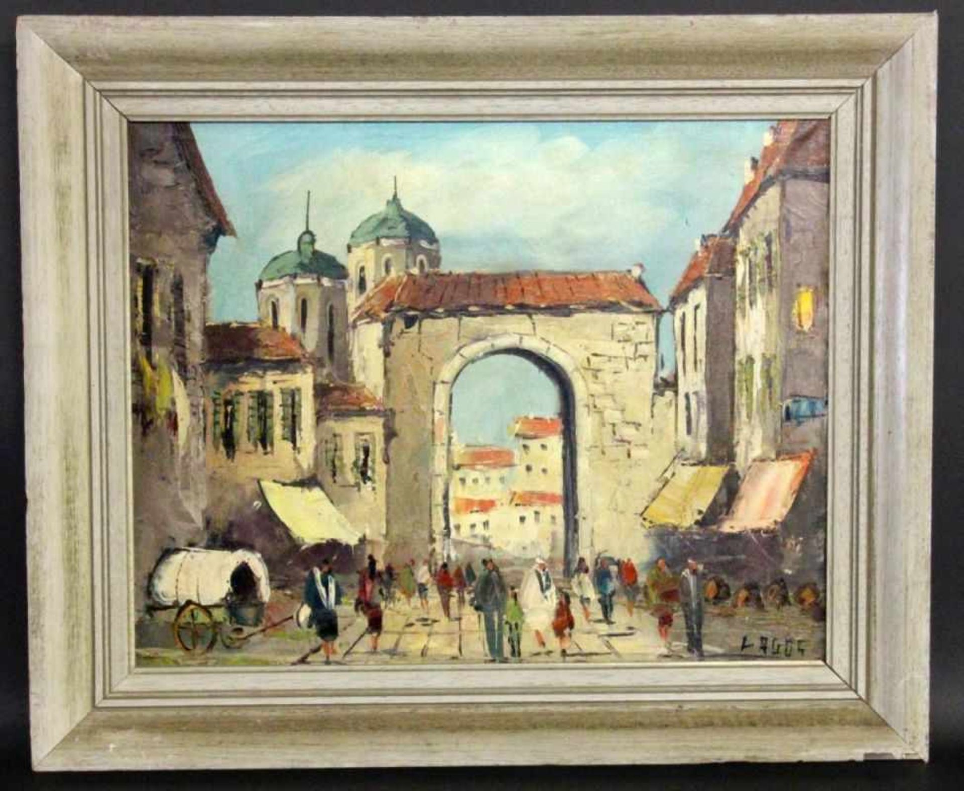 AGDE, L. French painter, 20th century Archway in front of baroque city with many people.Oil on