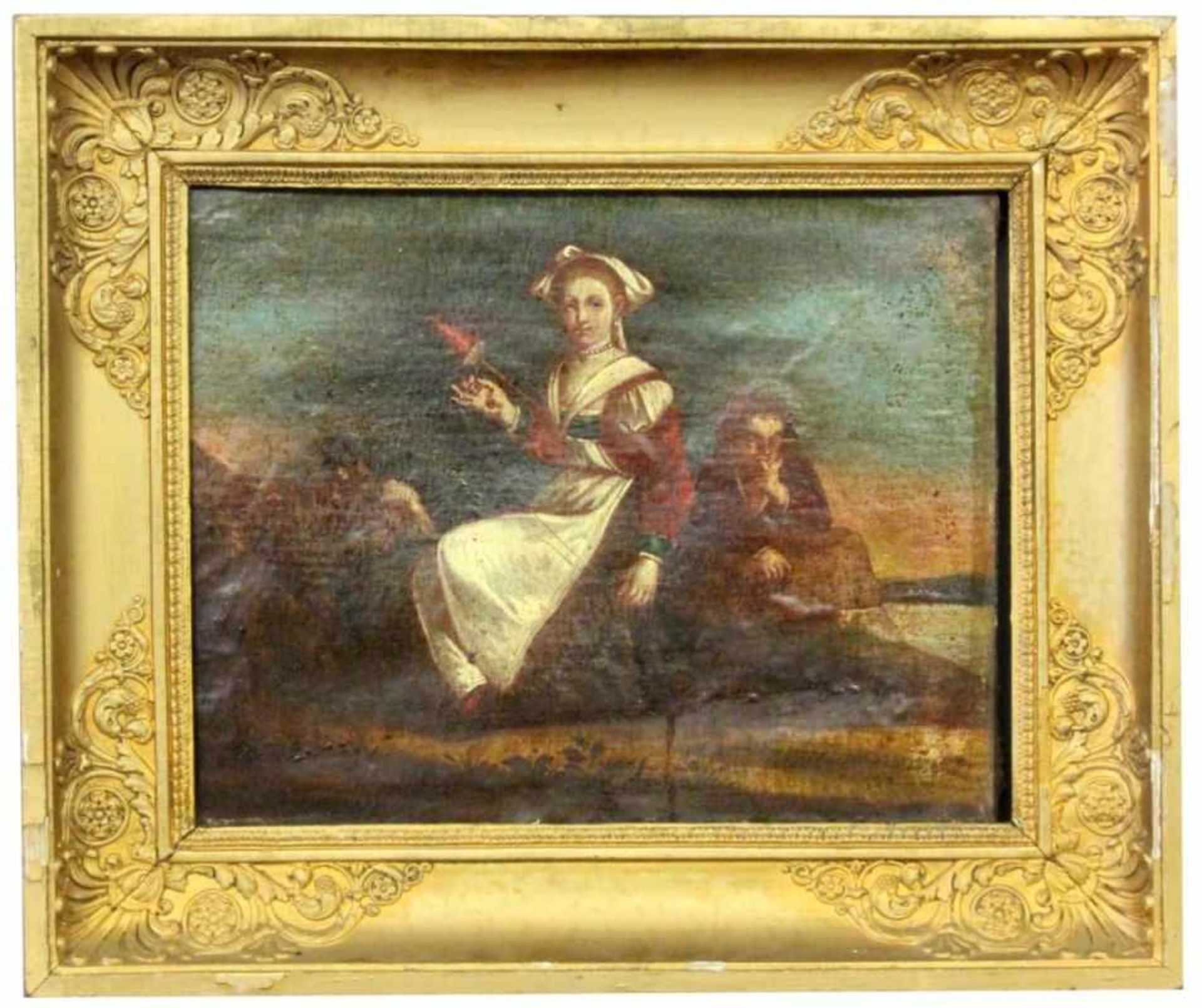 FRENCH SCHOOL 18th century A shepherd and shepherdess with sheep in landscape. Womanspinning wool. - Bild 2 aus 2