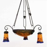 AN ART NOUVEAU HANGING LAMP Noverdy, France circa 1920 Bowl with 3 globes made oforange-blue marbled