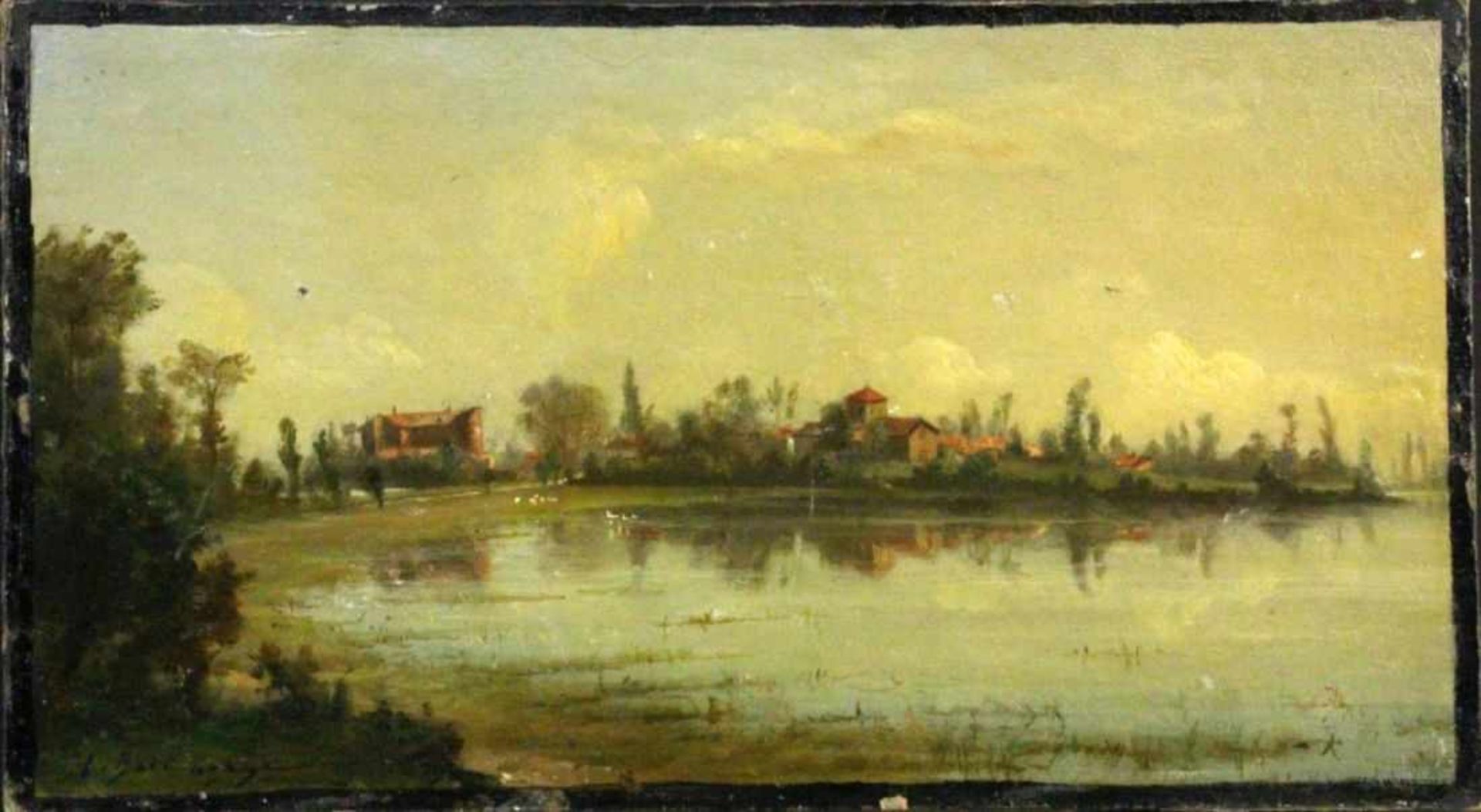 BOULANGER, LOUIS Vercelli 1806 - 1867 Dijon Seascape with village on the lake shore. Oilon