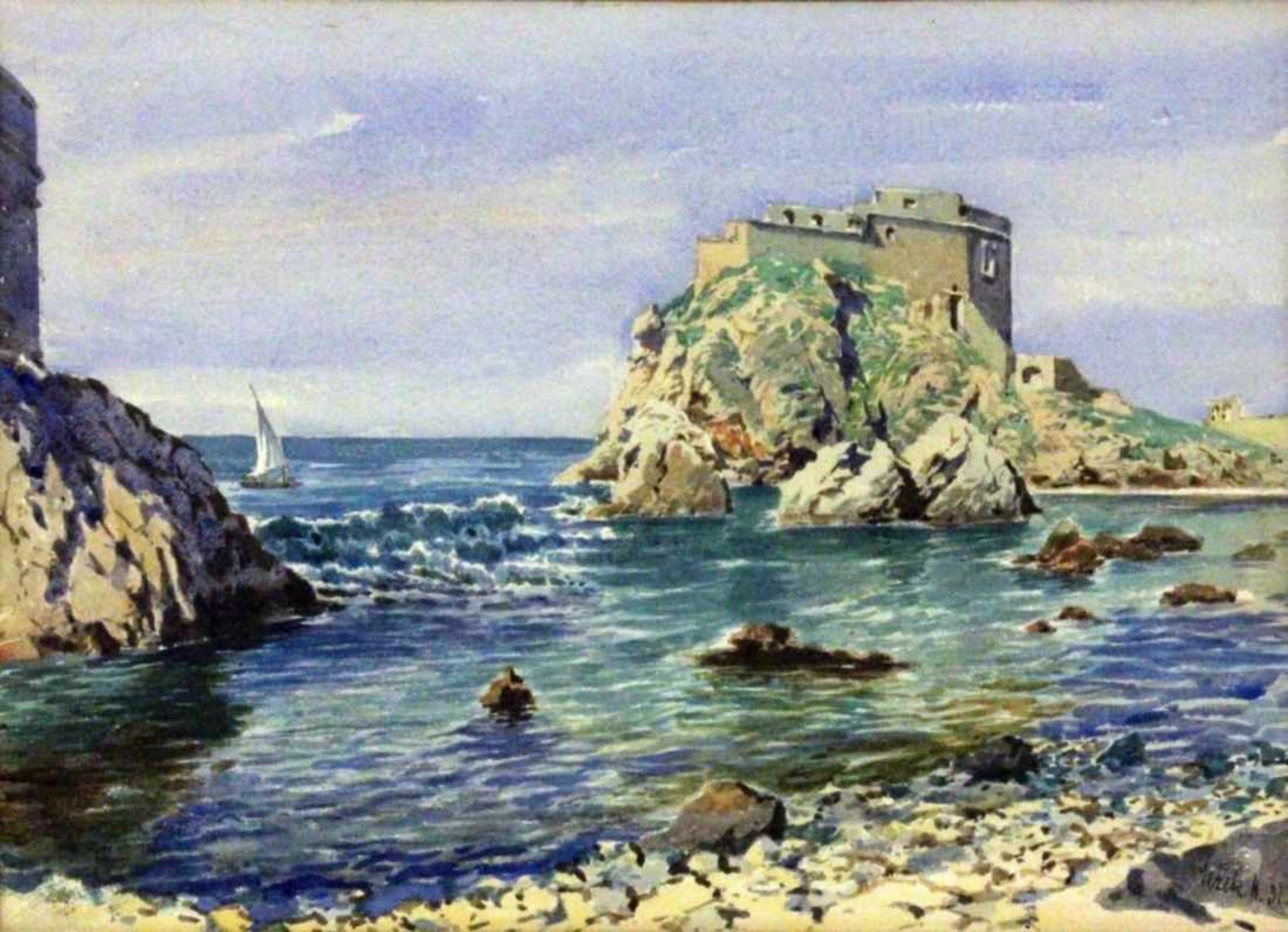 JEZEK, ALOIS 1887 - Praha - 1943 Croatian Coastline at Dubrovnik. Watercolour, signed anddated,
