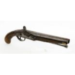 A FLINTLOCK PISTOL 18th century Wooden handle with round iron barrel. Condition: cockmissing,