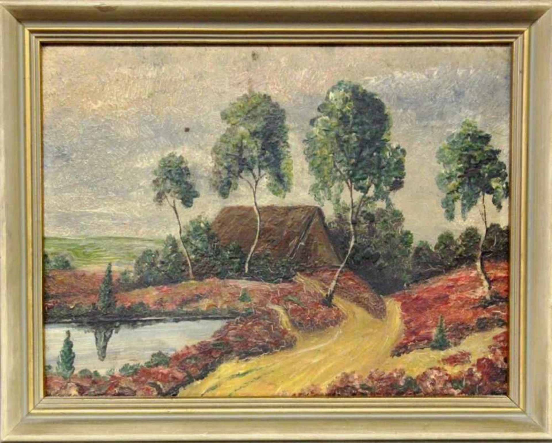 LANDSCAPE PAINTER North German, 20th century North German landscape with farmhouse andbirches. Oil