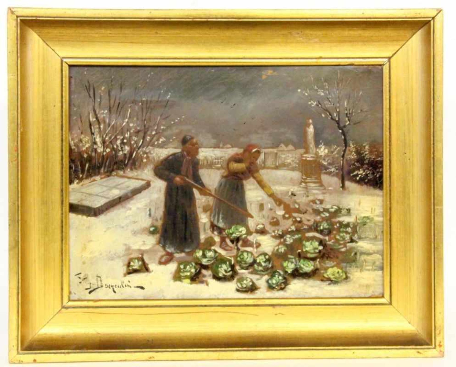 (Referred to as) DENNEULIN, JULES 19th century Working in the monastery garden. Oil oncanvas,