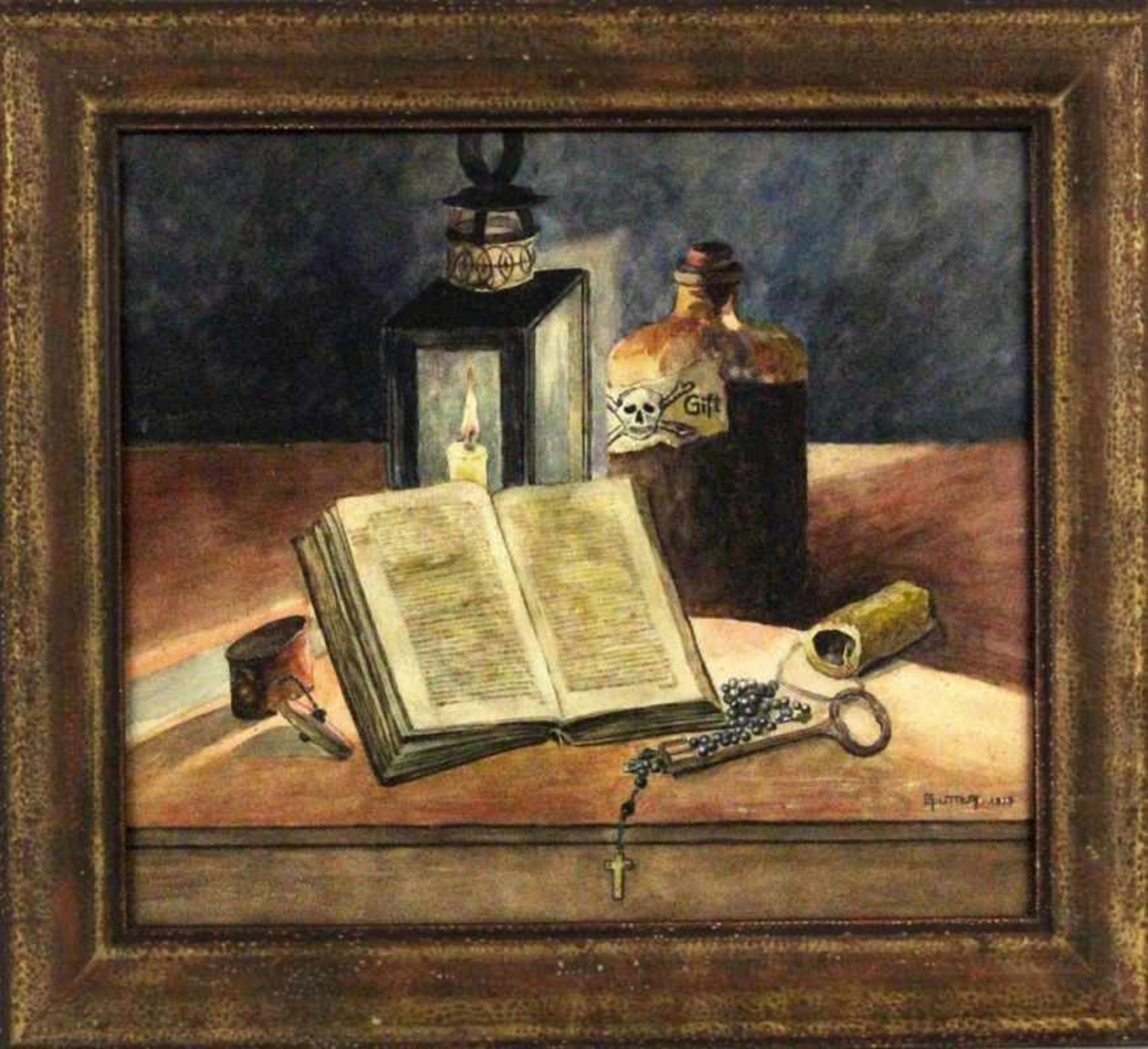 SUTTER, C. 1918 Alchemy still life with vial of poison, lamp, book and accessories.Watercolour,