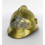 ''A FRENCH FIREMAN'S HELMET Brass with leather insert. Inscribed: ''Sapeurs Pompiers deMay''.