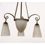 AN ART DECO HANGING LAMP France, 1920s Centre bowl with 3 globes made of colourless andfrosted