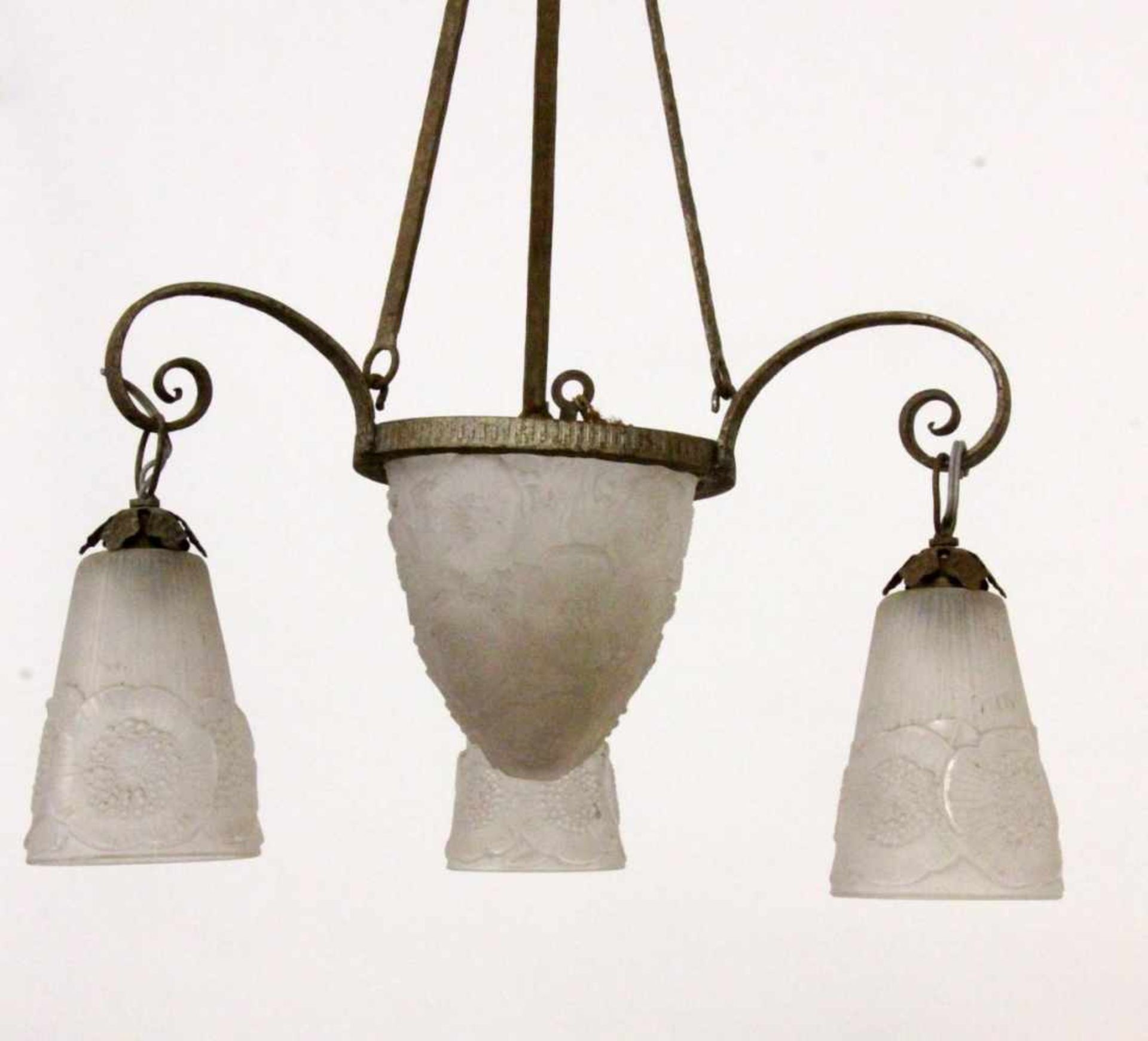 AN ART DECO HANGING LAMP France, 1920s Centre bowl with 3 globes made of colourless andfrosted