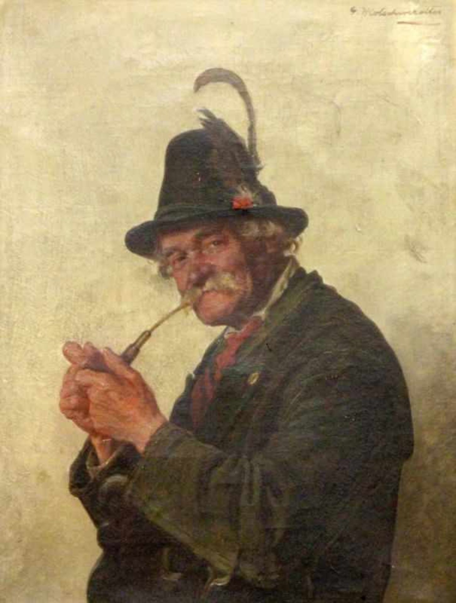 KOTSCHENREITER, HUGO Hof 1854 - 1908 München A Hunter Smoking a Pipe. Oil on canvas,signed. 28 x