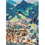 LANDSCAPE PAINTER China, 20th century Market Day in a Chinese City. Gouache on cardboard,with