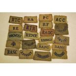 Khaki Slip on Shoulder titles including RW KENT, NORTHAMPTONSHIRE, RTC, E SURREY, RE, DURHAM, RF (