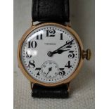 A Waltham 9ct gold cased Officers Wrist Watch, circa 1917, white enamel dial with Arabic numerals,