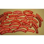Scarlet Cloth Shoulder Titles, county regiments mix of printed and embroidered including DEVON,