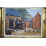 Kevin March (20th century) Traction Engine in a Farmyard with Poultry, Sheep and Dog, signed oil