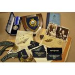 A box containing RAF Police ephemera and badges including foreign air force plus a copy Police LS&GC