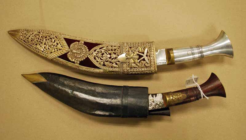 Two Gurkha Kukri, Presentation kukri with ornate Indian silver decorated scabbard, sturdy steel