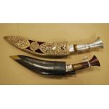 Two Gurkha Kukri, Presentation kukri with ornate Indian silver decorated scabbard, sturdy steel