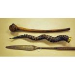 A Zulu Spear and Monkey Head Knobkerri, late 19th C Zulu spear with a strong leaf shaped hand forged