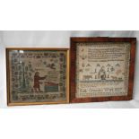 An early Victorian framed Needlework Sampler by Sally Crossley 1837, verse and pictorial featuring a