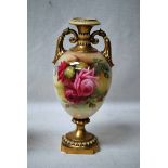 A Royal Worcester blush ivory two-handled Vase, ovoid form, hand painted with roses, signed A.