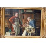 Coeincz? (20th century), Two Monks tasting Wine in a Cellar, a signed oil on panel, 29cm by 39cm