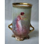 A Royal Doulton twin-handled Vase of straight sided cylindrical form on four footed base, hand