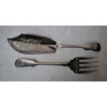 A pair of Victorian silver Fish Servers, fiddle pattern with pierced scroll work decoration,