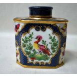 A Worcester 18th century style porcelain tea caddy, painted with panels of exotic birds and