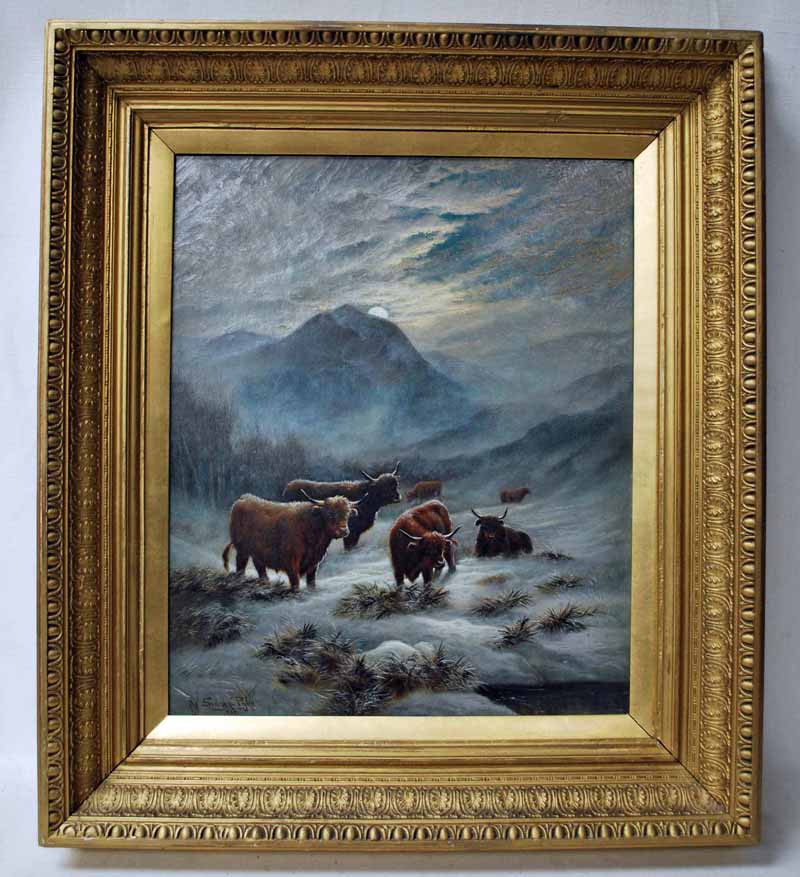 Sidney Pyke, Highland Cattle in Snowy Highland Landscape, oil on canvas, signed lower left, 59.5cm