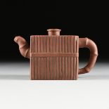 A YIXING "BAMBOO" ZHUSHA CLAY TEAPOT AND COVER, IMPRESSED AND BLACK INK MARKS, 20TH CENTURY, of