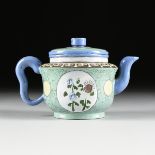 A CHINESE YIXING POLYCHROME PALE GREEN GROUND ENAMELED TEAPOT AND COVER, IMPRESSED MARKS, 20TH