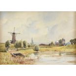 ROBERT VIGAUD (20th/21st Century) A PAINTING, "Riverscape with Windmill and Cathedral," watercolor