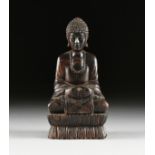 A VINTAGE ROSEWOOD BUDDHA, MID 20TH CENTURY, domed, curled hairs, over a serene, joyful face,