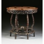 A CHINESE EXPORT MOTHER-OF-PEARL, BRASS AND MARBLE INLAID HONGMU COCKTAIL TABLE, LATE QING