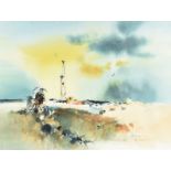 HAROLD PHENIX (American 1928-2009) A PAINTING, "Oil Derrick and Cattle," CIRCA 1985, watercolor on