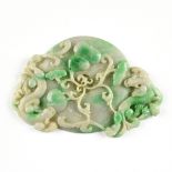 A CHINESE CARVED CELADON AND APPLE GREEN JADEITE QILONS BI DISC PENDANT, 20TH CENTURY, of