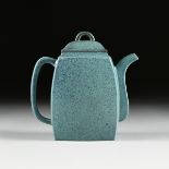 A CHINESE YIXING PALE GREEN GROUND ENAMELED TEAPOT AND COVER, IMPRESSED MARKS, 20TH CENTURY,