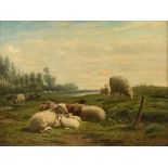 FRANS LEBRET (Dutch 1820-1909) A PAINTING, "Shepherdess with Dutch Shepherd and Drenthe Heath