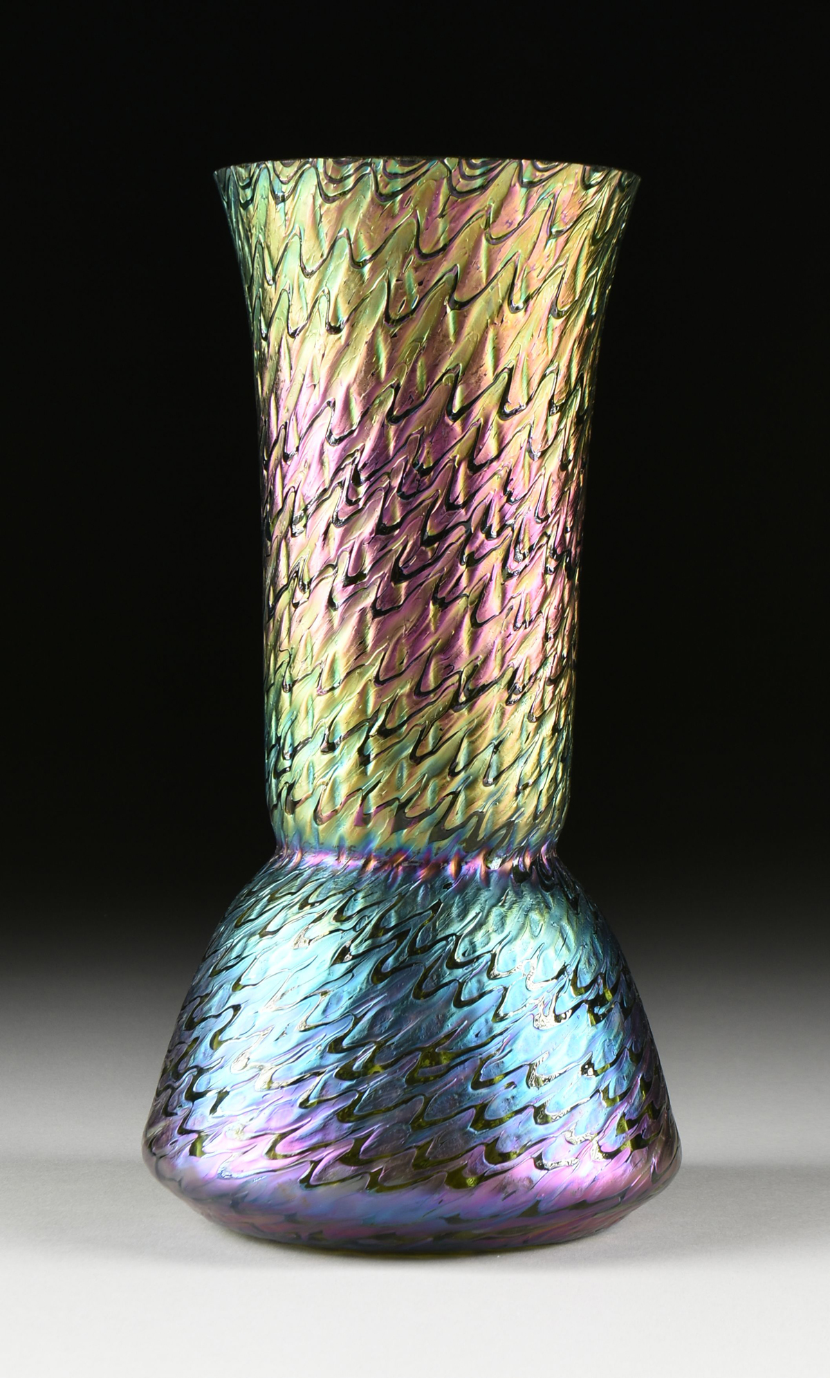 TWO IRIDESCENT ART GLASS VASES, LUNDBERG STUDIOS, CALIFORNIA, CIRCA 1996, the trumpet vase with a - Image 2 of 12