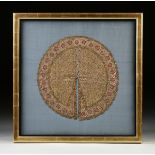 A MUGHAL EMPIRE (1526-1857) PARCEL GILT POLYCHROME AND DYED COTTON PANKHA HAND FAN, DECCAN, INDIA,